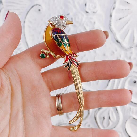 Vintage Premier Designs Enamel Bird Brooch – Gold Tone, Rhinestones, 1980s 1990s - Picture 2 of 10